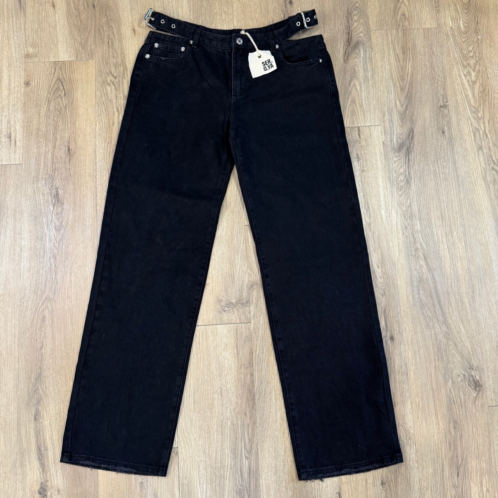 SER.O.YA Christy Double Waist Cutout Straight Leg Jeans Stone Black 28x34 NWT